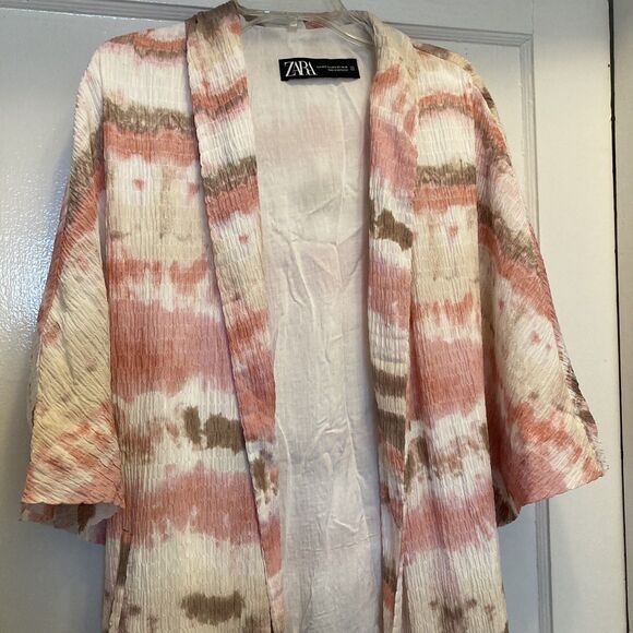 Zara Kimono Pink Tie Dye Smocked Waffle Style Lined Size XS Beachy Boho Chic - Picture 4 of 16